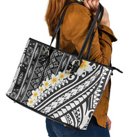 Black Vintage Tonga Ngatu Pattern With Plumeria Leather Tote Bag - Polynesian Pride