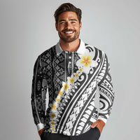 Black Vintage Tonga Ngatu Pattern With Plumeria Long Sleeve Polo Shirt - Polynesian Pride