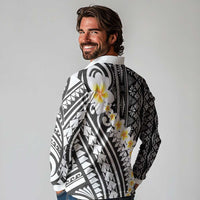 Black Vintage Tonga Ngatu Pattern With Plumeria Long Sleeve Polo Shirt - Polynesian Pride
