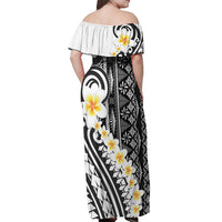 Black Vintage Tonga Ngatu Pattern With Plumeria Off Shoulder Maxi Dress - Polynesian Pride