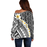 Black Vintage Tonga Ngatu Pattern With Plumeria Off Shoulder Sweater - Polynesian Pride