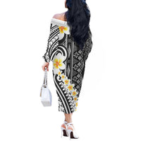 Black Vintage Tonga Ngatu Pattern With Plumeria Off The Shoulder Long Sleeve Dress - Polynesian Pride