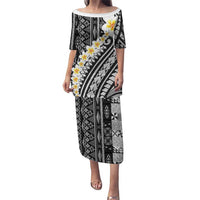 Black Vintage Tonga Ngatu Pattern With Plumeria Puletasi - Polynesian Pride