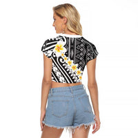 Black Vintage Tonga Ngatu Pattern With Plumeria Raglan Cropped T Shirt - Polynesian Pride