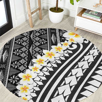 Black Vintage Tonga Ngatu Pattern With Plumeria Round Carpet - Polynesian Pride