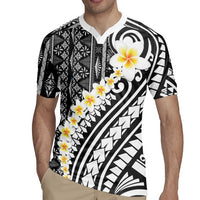 Black Vintage Tonga Ngatu Pattern With Plumeria Rugby Jersey - Polynesian Pride