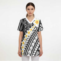 Black Vintage Tonga Ngatu Pattern With Plumeria Scrub Top - Polynesian Pride