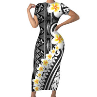 Black Vintage Tonga Ngatu Pattern With Plumeria Short Sleeve Bodycon Dress - Polynesian Pride