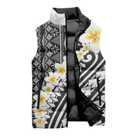 Black Vintage Tonga Ngatu Pattern With Plumeria Sleeveless Puffer Jacket - Polynesian Pride
