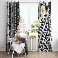 Black Vintage Tonga Ngatu Pattern With Plumeria Window Curtain - Polynesian Pride