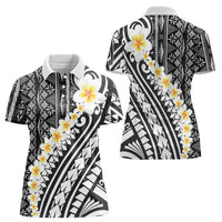 Black Vintage Tonga Ngatu Pattern With Plumeria Women Polo Shirt - Polynesian Pride