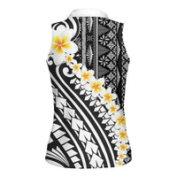 Black Vintage Tonga Ngatu Pattern With Plumeria Women Sleeveless Polo Shirt - Polynesian Pride