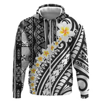Black Vintage Tonga Ngatu Pattern With Plumeria Zip Hoodie - Polynesian Pride