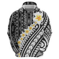 Black Vintage Tonga Ngatu Pattern With Plumeria Zip Hoodie - Polynesian Pride