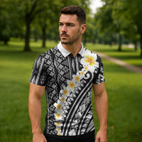 Black Vintage Tonga Ngatu Pattern With Plumeria Zipper Polo Shirt - Polynesian Pride