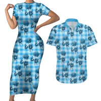 Blue Palaka Hawaii Couples Matching Short Sleeve Bodycon Dress and Hawaiian Shirt Hawaiian Lehua Blossoms LT05 Blue - Polynesian Pride