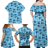 Blue Palaka Hawaii Family Matching Off Shoulder Maxi Dress and Hawaiian Shirt Hawaiian Lehua Blossoms