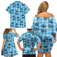 Blue Palaka Hawaii Family Matching Off Shoulder Short Dress and Hawaiian Shirt Hawaiian Lehua Blossoms