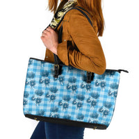 Blue Palaka Hawaii Leather Tote Bag Hawaiian Lehua Blossoms