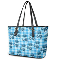 Blue Palaka Hawaii Leather Tote Bag Hawaiian Lehua Blossoms