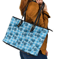 Blue Palaka Hawaii Leather Tote Bag Hawaiian Lehua Blossoms