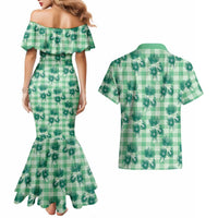 Green Palaka Hawaii Couples Matching Mermaid Dress and Hawaiian Shirt Hawaiian Lehua Blossoms