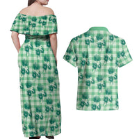 Green Palaka Hawaii Couples Matching Off Shoulder Maxi Dress and Hawaiian Shirt Hawaiian Lehua Blossoms LT05 - Polynesian Pride