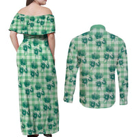Green Palaka Hawaii Couples Matching Off Shoulder Maxi Dress and Long Sleeve Button Shirt Hawaiian Lehua Blossoms LT05 - Polynesian Pride