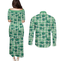 Green Palaka Hawaii Couples Matching Puletasi and Long Sleeve Button Shirt Hawaiian Lehua Blossoms LT05 - Polynesian Pride
