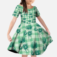 Green Palaka Hawaii Family Matching Short Sleeve Bodycon Dress and Hawaiian Shirt Hawaiian Lehua Blossoms LT05 Daughter's Dress Green - Polynesian Pride