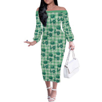 Green Palaka Hawaii Off The Shoulder Long Sleeve Dress Hawaiian Lehua Blossoms LT05 Women Green - Polynesian Pride