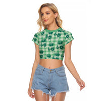 Green Palaka Hawaii Raglan Cropped T Shirt Hawaiian Lehua Blossoms