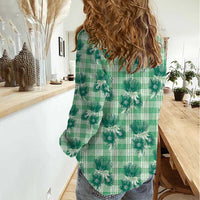 Green Palaka Hawaii Women Casual Shirt Hawaiian Lehua Blossoms LT05 - Polynesian Pride