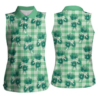 Green Palaka Hawaii Women Sleeveless Polo Shirt Hawaiian Lehua Blossoms LT05 - Polynesian Pride