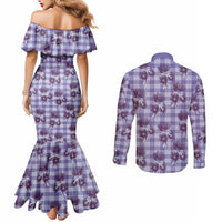 Purple Palaka Hawaii Couples Matching Mermaid Dress and Long Sleeve Button Shirt Hawaiian Lehua Blossoms LT05 - Polynesian Pride