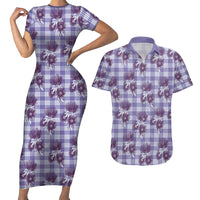 Purple Palaka Hawaii Couples Matching Short Sleeve Bodycon Dress and Hawaiian Shirt Hawaiian Lehua Blossoms