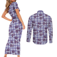 Purple Palaka Hawaii Couples Matching Short Sleeve Bodycon Dress and Long Sleeve Button Shirt Hawaiian Lehua Blossoms LT05 - Polynesian Pride