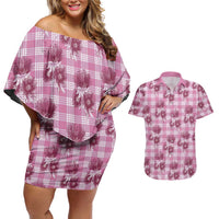 Pink Palaka Hawaii Couples Matching Off Shoulder Short Dress and Hawaiian Shirt Hawaiian Lehua Blossoms LT05 Pink - Polynesian Pride