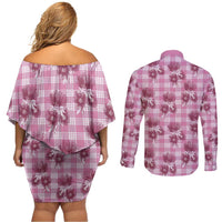 Pink Palaka Hawaii Couples Matching Off Shoulder Short Dress and Long Sleeve Button Shirt Hawaiian Lehua Blossoms LT05 - Polynesian Pride