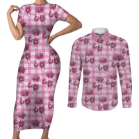 Pink Palaka Hawaii Couples Matching Short Sleeve Bodycon Dress and Long Sleeve Button Shirt Hawaiian Lehua Blossoms LT05 Pink - Polynesian Pride