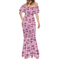 Pink Palaka Hawaii Mermaid Dress Hawaiian Lehua Blossoms