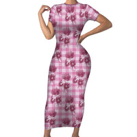 Pink Palaka Hawaii Short Sleeve Bodycon Dress Hawaiian Lehua Blossoms