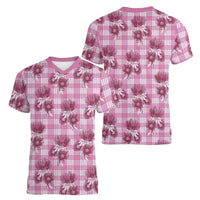 Pink Palaka Hawaii Women V-Neck T-Shirt Hawaiian Lehua Blossoms LT05 - Polynesian Pride