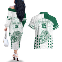 Custom Hawaii Football Couples Matching Off The Shoulder Long Sleeve Dress and Hawaiian Shirt Rainbow Warriors Kakau Pattern LT05 - Polynesian Pride
