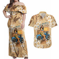 Aloha Hawaii Biker Couples Matching Off Shoulder Maxi Dress and Hawaiian Shirt Ride To Paradise LT05 Beige - Polynesian Pride