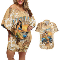 Aloha Hawaii Biker Couples Matching Off Shoulder Short Dress and Hawaiian Shirt Ride To Paradise LT05 Beige - Polynesian Pride
