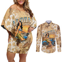 Aloha Hawaii Biker Couples Matching Off Shoulder Short Dress and Long Sleeve Button Shirt Ride To Paradise