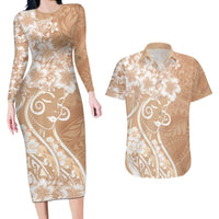 Polynesian Women's Day Couples Matching Long Sleeve Bodycon Dress and Hawaiian Shirt Brown Hibiscus Flowers With Polynesian Pattern LT05 Brown - Polynesian Pride