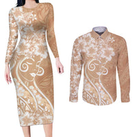 Polynesian Women's Day Couples Matching Long Sleeve Bodycon Dress and Long Sleeve Button Shirt Brown Hibiscus Flowers With Polynesian Pattern LT05 Brown - Polynesian Pride