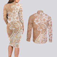 Polynesian Women's Day Couples Matching Long Sleeve Bodycon Dress and Long Sleeve Button Shirt Brown Hibiscus Flowers With Polynesian Pattern LT05 - Polynesian Pride